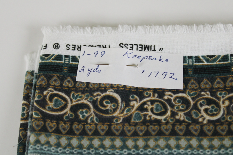photo of 1990s vintage Timeless Treasures cotton fabric, art nouveau floral stripe pattern muted teal greens #3