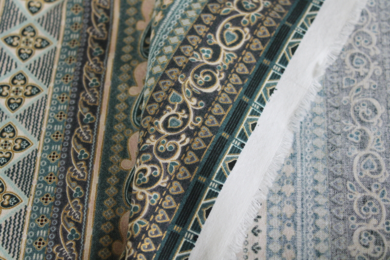 photo of 1990s vintage Timeless Treasures cotton fabric, art nouveau floral stripe pattern muted teal greens #6
