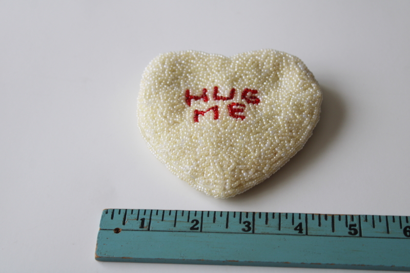 photo of 1990s vintage beaded valentine change purse or tiny makeup bag, Hug Me conversation heart #1