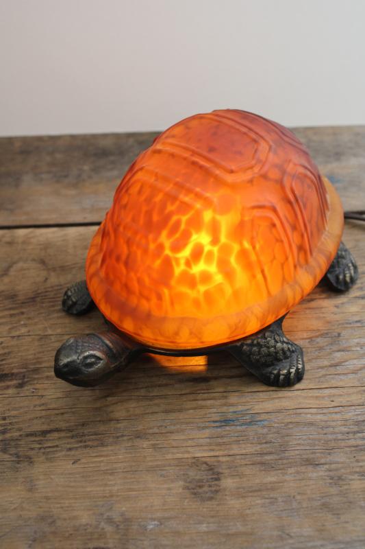 photo of 1990s vintage cast metal turtle lamp night light w/ tortoise shell glass shade  #2