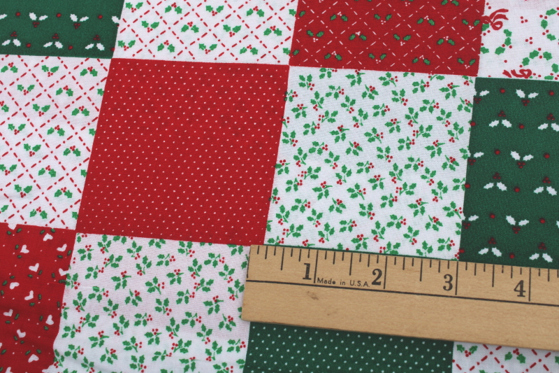 photo of 1990s vintage cheater patchwork quilt print fabric, Christmas red & green quilting weight cotton #2