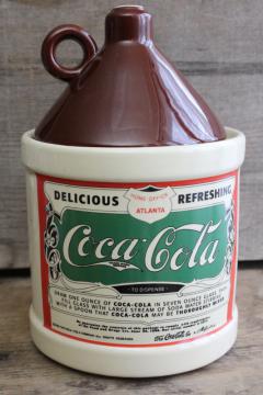 catalog photo of 1990s vintage cookie jar, ceramic jug advertising Coca Cola antique label