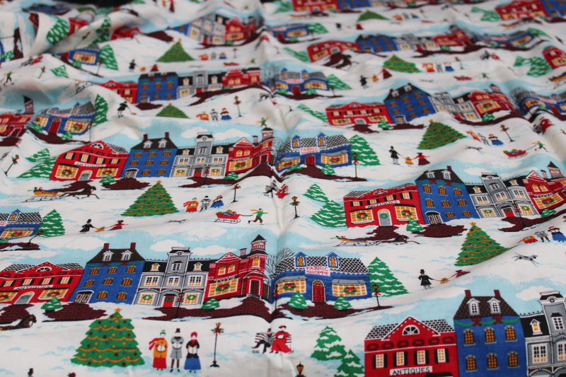 photo of 1990s vintage cotton fabric Christmas village print, Grandma Moses or Wysocki folk art style  #1
