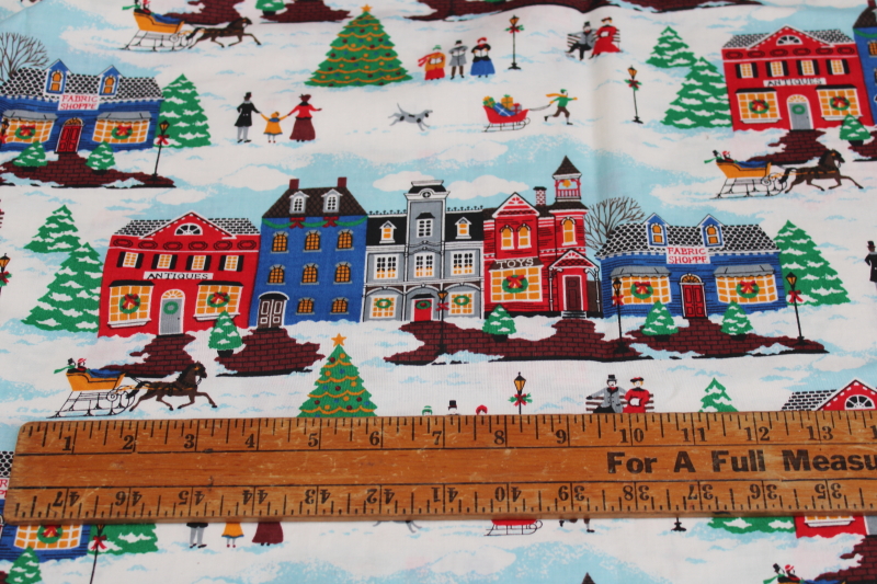 photo of 1990s vintage cotton fabric Christmas village print, Grandma Moses or Wysocki folk art style #2