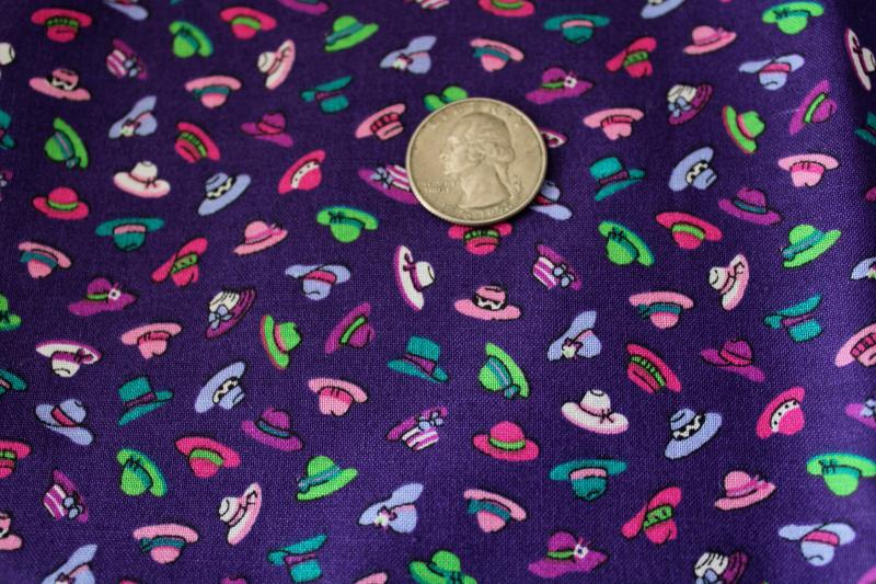 photo of 1990s vintage cotton fabric, tiny print hats on purple, whimsical Mary Engelbreit style #1