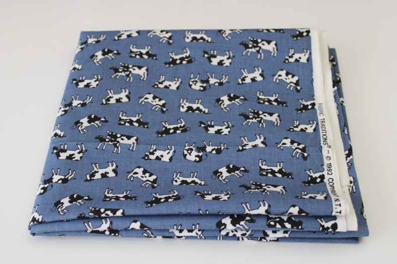 photo of 1990s vintage cow print cotton quilting weight fabric, tiny holstein cows on slate blue  #1