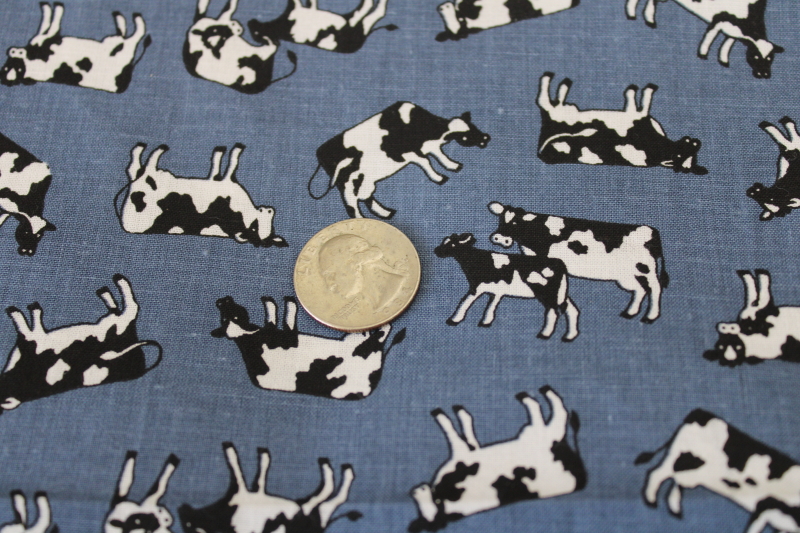 photo of 1990s vintage cow print cotton quilting weight fabric, tiny holstein cows on slate blue  #2