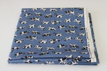 catalog photo of 1990s vintage cow print cotton quilting weight fabric, tiny holstein cows on slate blue 