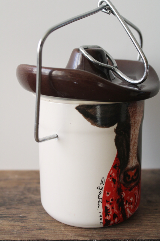 photo of 1990s vintage cowboy cow ceramic crock canister jar, country kitchen western style #2