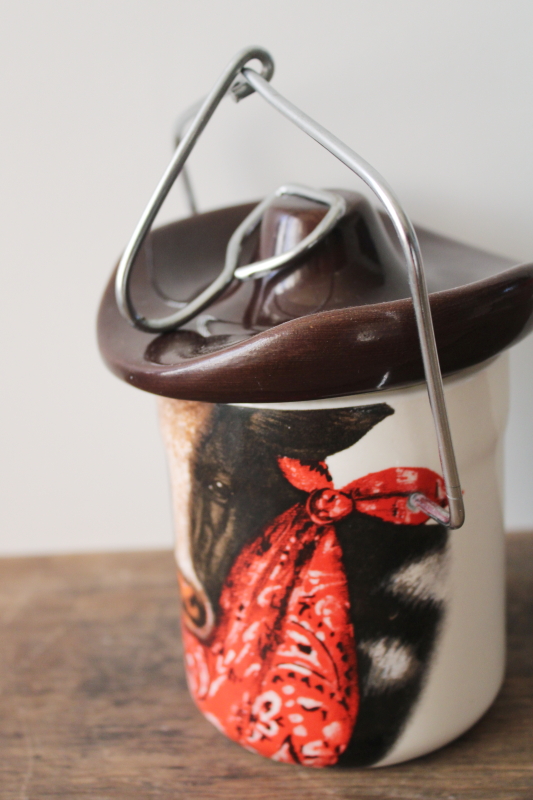 photo of 1990s vintage cowboy cow ceramic crock canister jar, country kitchen western style #4