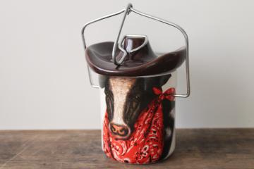 catalog photo of 1990s vintage cowboy cow ceramic crock canister jar, country kitchen western style