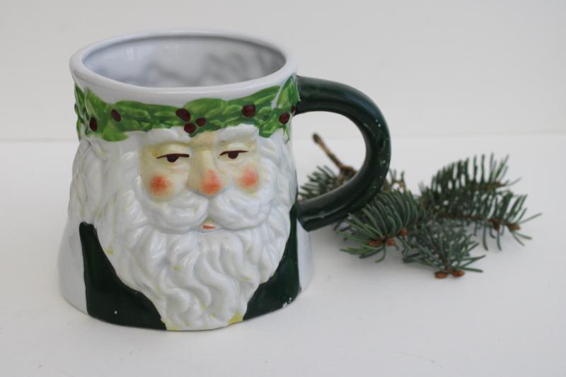 photo of 1990s vintage green St Nicholas Santa face mug, hand painted ceramic made in China #1