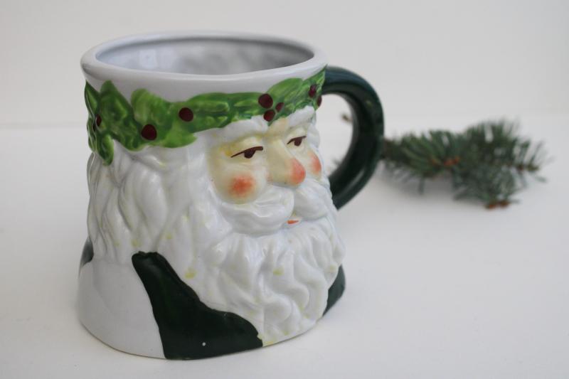 photo of 1990s vintage green St Nicholas Santa face mug, hand painted ceramic made in China #2