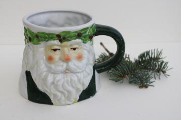 catalog photo of 1990s vintage green St Nicholas Santa face mug, hand painted ceramic made in China