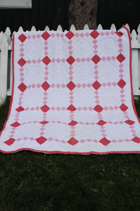 photo of 1990s vintage hand stitched soft cotton quilt, red & white calico patchwork #1