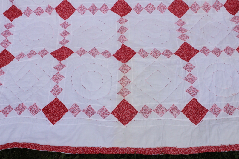 photo of 1990s vintage hand stitched soft cotton quilt, red & white calico patchwork #2