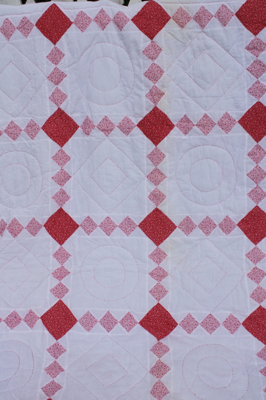 photo of 1990s vintage hand stitched soft cotton quilt, red & white calico patchwork #3