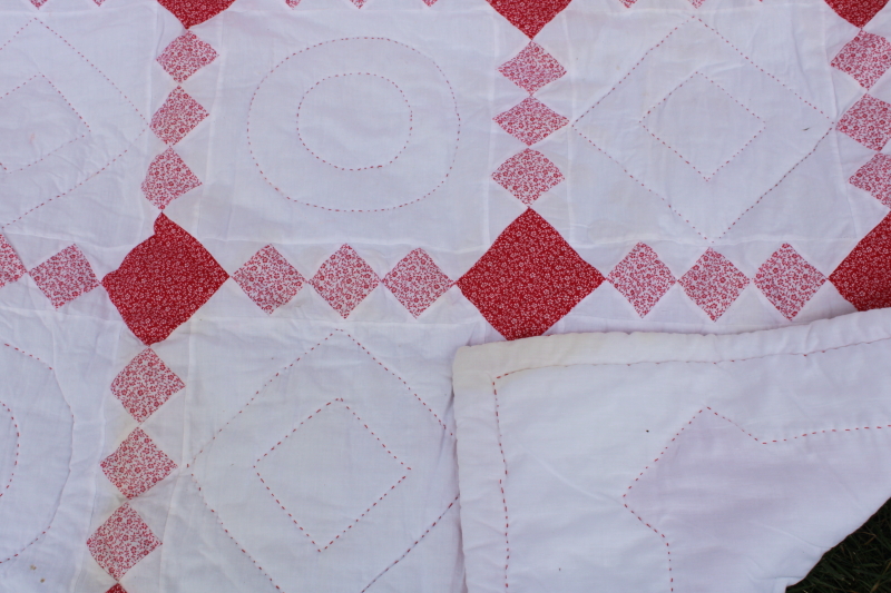 photo of 1990s vintage hand stitched soft cotton quilt, red & white calico patchwork #4