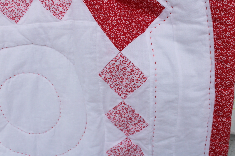 photo of 1990s vintage hand stitched soft cotton quilt, red & white calico patchwork #5