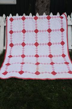 catalog photo of 1990s vintage hand stitched soft cotton quilt, red & white calico patchwork