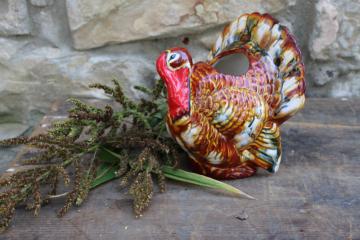 catalog photo of 1990s vintage handmade ceramic Thanksgiving turkey planter figurine, holiday decor