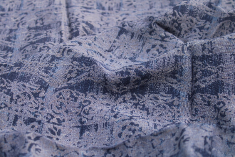 photo of 1990s vintage heavy rayon fabric w/ faded indigo blue batik block print style pattern #1