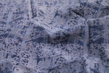 catalog photo of 1990s vintage heavy rayon fabric w/ faded indigo blue batik block print style pattern