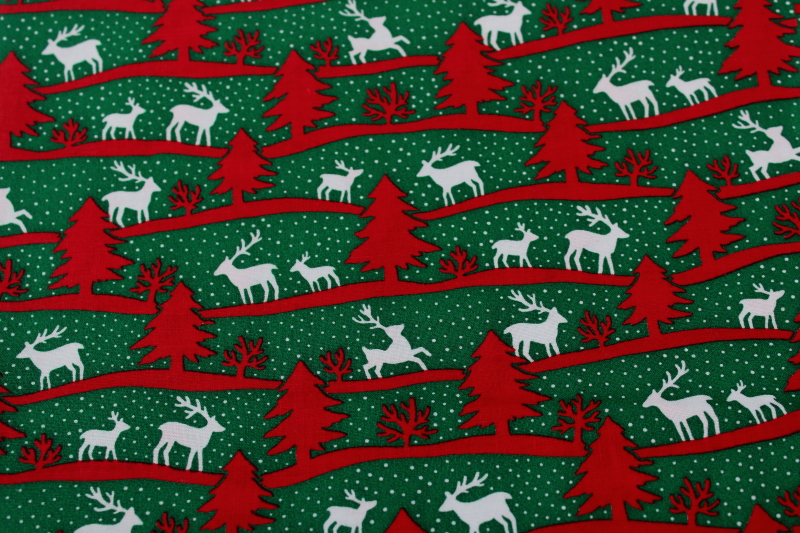 photo of 1990s vintage holiday fabric modern Christmas, deer & trees red & green print cotton 4 yards #1