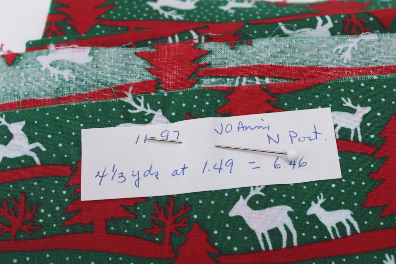 photo of 1990s vintage holiday fabric modern Christmas, deer & trees red & green print cotton 4 yards #3