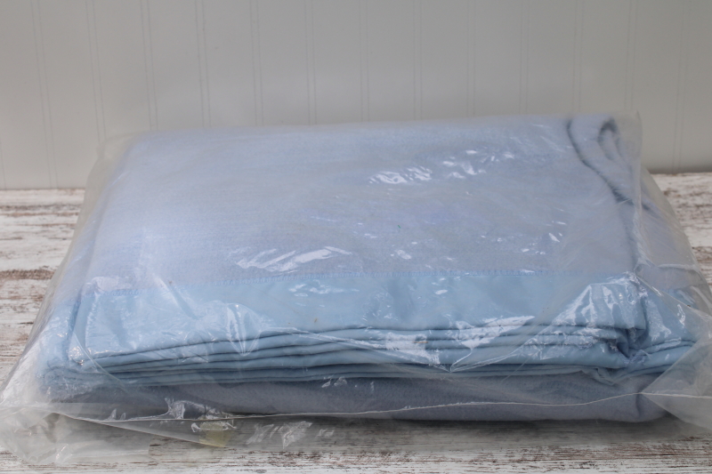 photo of 1990s vintage new old stock bed blanket, pale blue acrylic twin size blanket never used #1