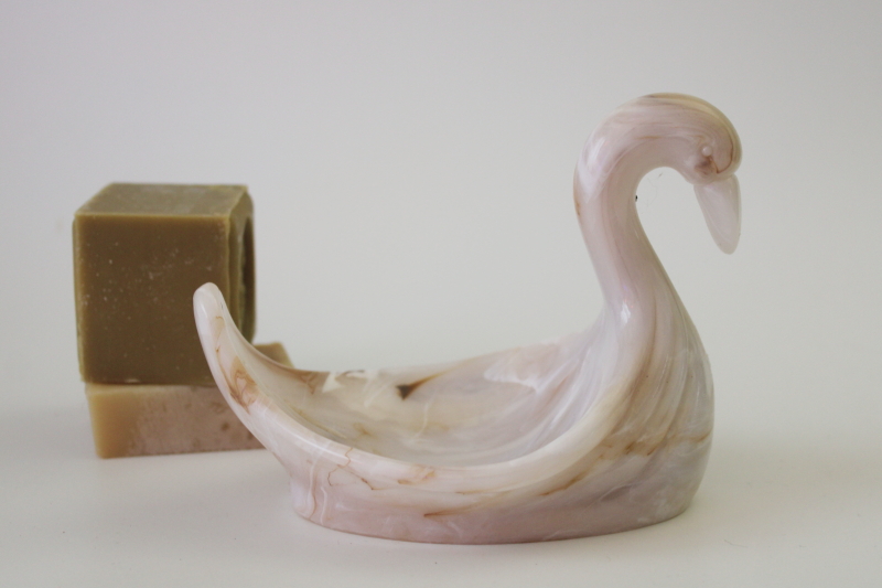 photo of 1990s vintage plastic milk glass swan soap dish, caramel slag brown swirl  #1