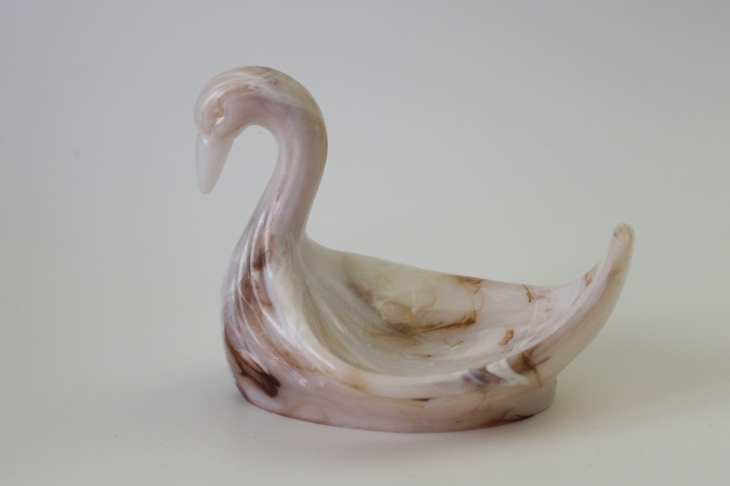 photo of 1990s vintage plastic milk glass swan soap dish, caramel slag brown swirl  #3