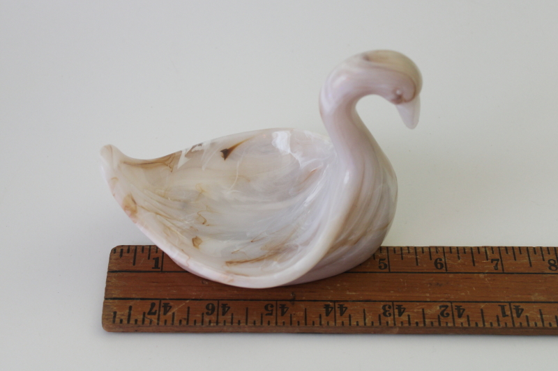 photo of 1990s vintage plastic milk glass swan soap dish, caramel slag brown swirl  #5