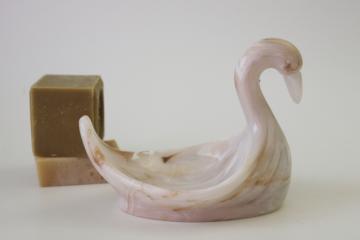 catalog photo of 1990s vintage plastic milk glass swan soap dish, caramel slag brown swirl 