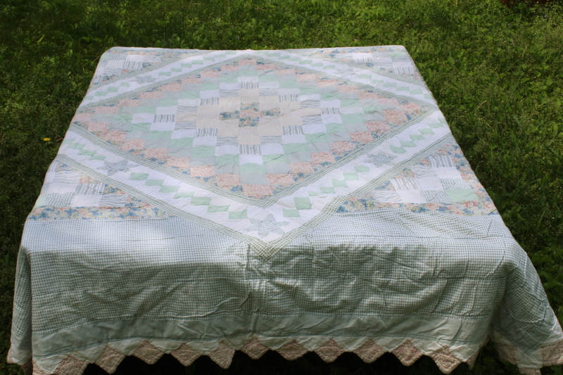 photo of 1990s vintage prairie girl patchwork quilt, soft cotton green & pink prints sawtooth border  #1