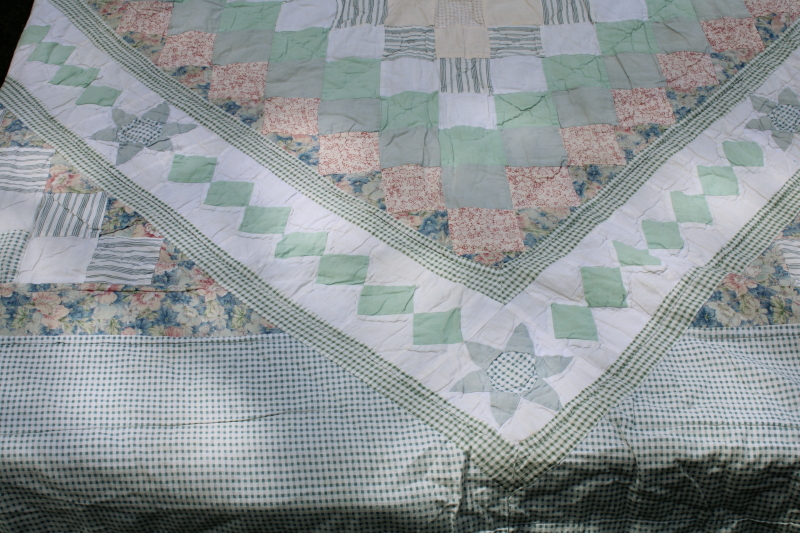 photo of 1990s vintage prairie girl patchwork quilt, soft cotton green & pink prints sawtooth border  #3
