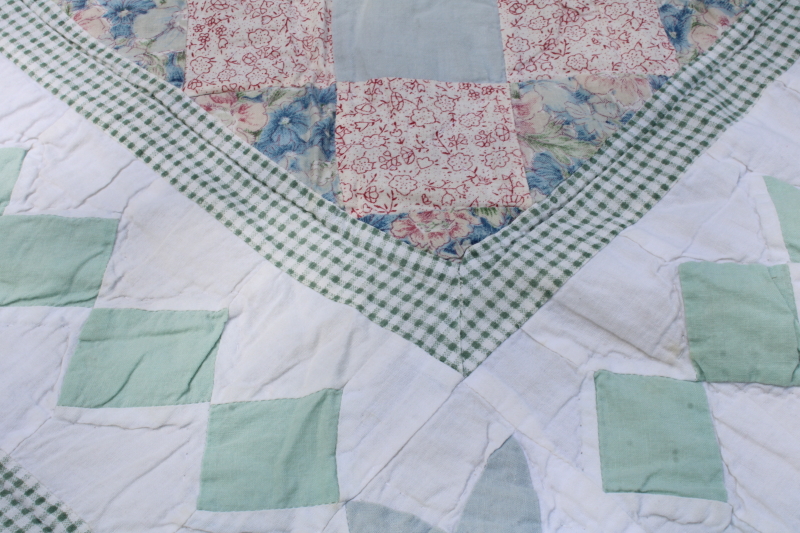 photo of 1990s vintage prairie girl patchwork quilt, soft cotton green & pink prints sawtooth border  #4
