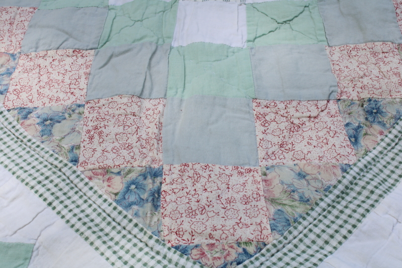 photo of 1990s vintage prairie girl patchwork quilt, soft cotton green & pink prints sawtooth border  #5