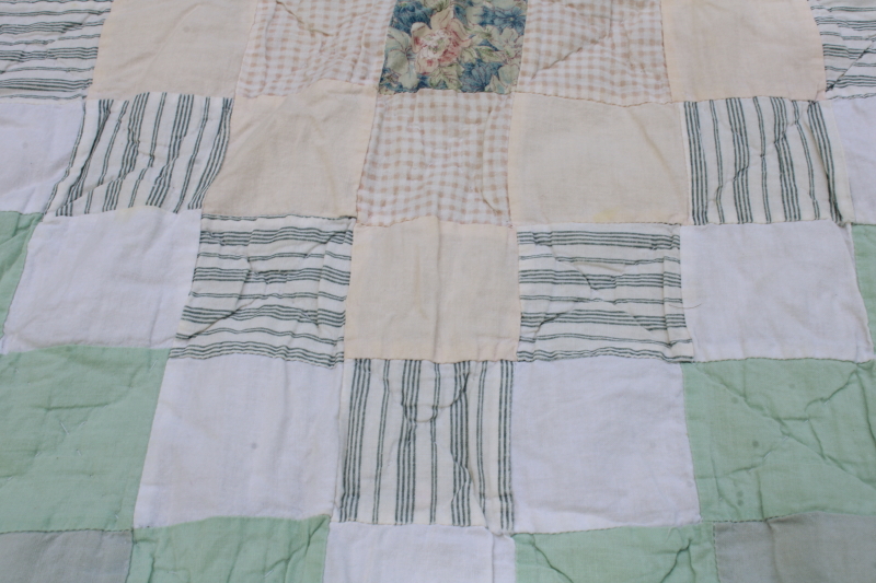 photo of 1990s vintage prairie girl patchwork quilt, soft cotton green & pink prints sawtooth border  #6