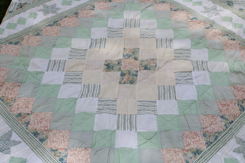 photo of 1990s vintage prairie girl patchwork quilt, soft cotton green & pink prints sawtooth border  #7
