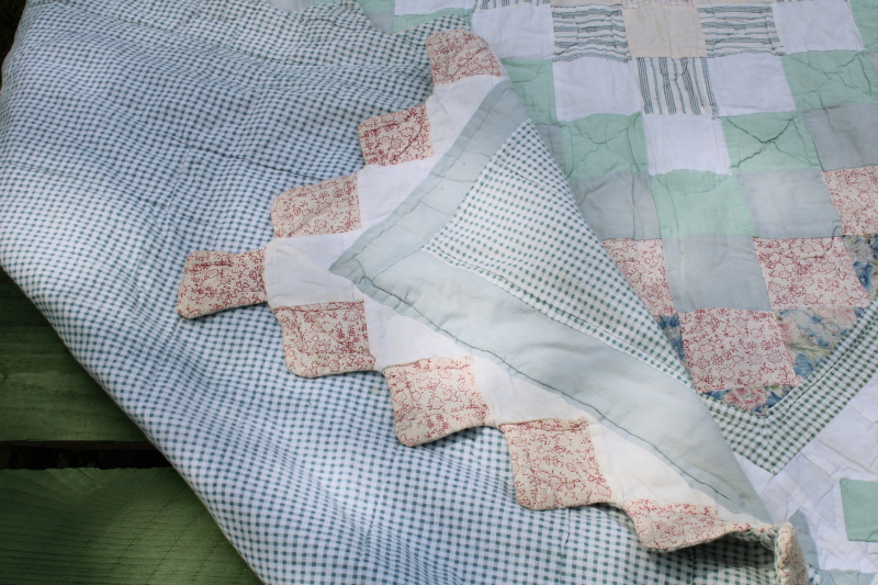 photo of 1990s vintage prairie girl patchwork quilt, soft cotton green & pink prints sawtooth border  #8