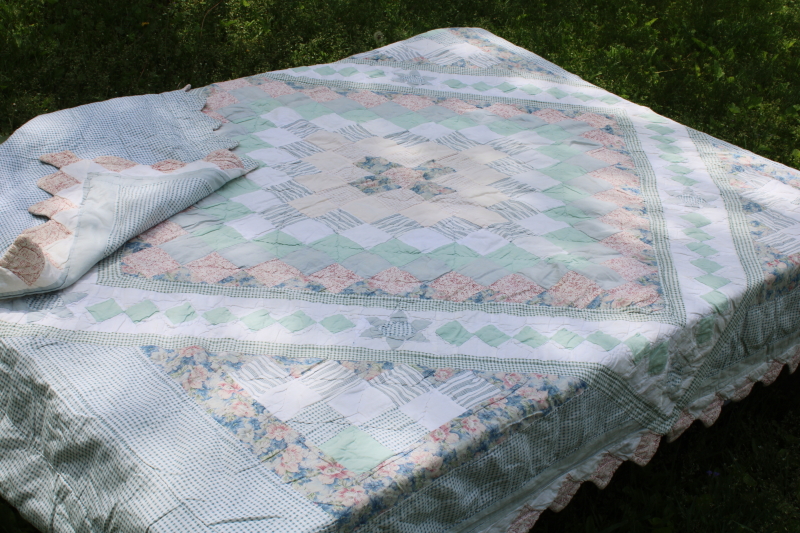 photo of 1990s vintage prairie girl patchwork quilt, soft cotton green & pink prints sawtooth border  #9