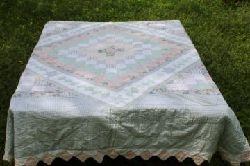 1990s vintage prairie girl patchwork quilt, soft cotton green & pink prints sawtooth border 