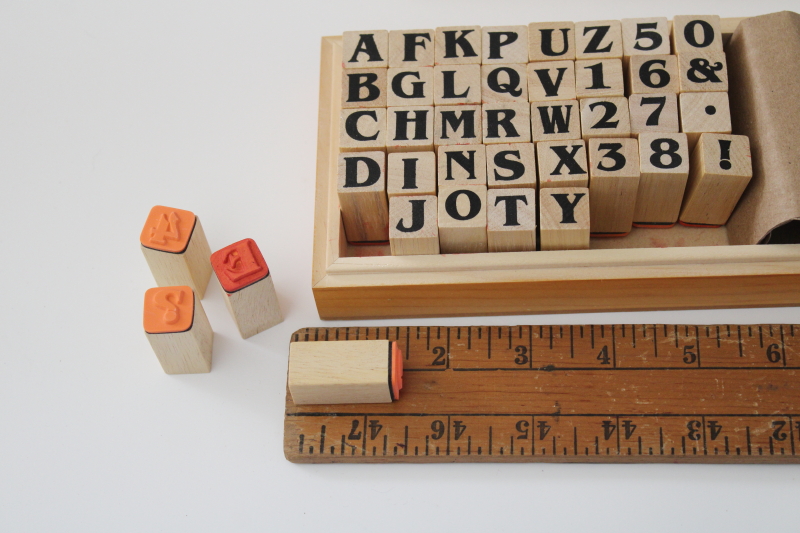 photo of 1990s vintage rubber stamps full set alphabet letters & numbers in wood storage box #3
