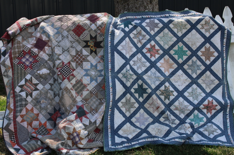 photo of 1990s vintage soft worn washed cotton quilts, hand stitched patchwork primitive stars #1