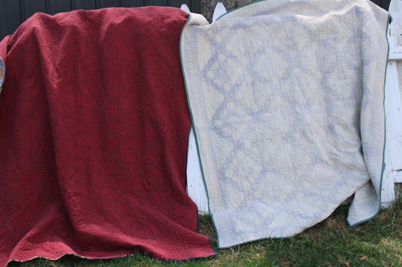 photo of 1990s vintage soft worn washed cotton quilts, hand stitched patchwork primitive stars #2