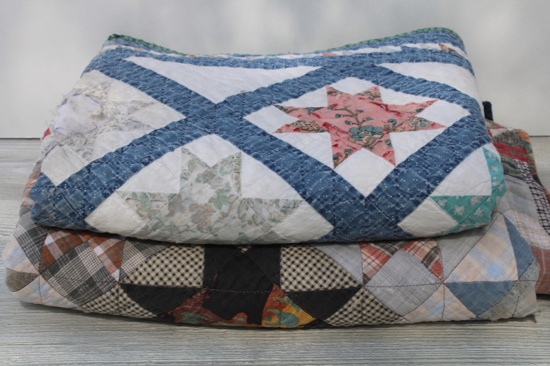 photo of 1990s vintage soft worn washed cotton quilts, hand stitched patchwork primitive stars #3