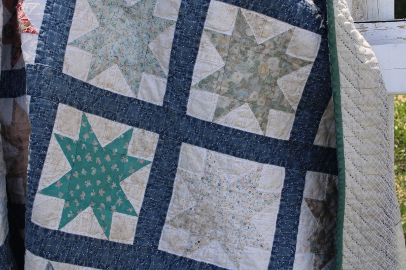 photo of 1990s vintage soft worn washed cotton quilts, hand stitched patchwork primitive stars #6