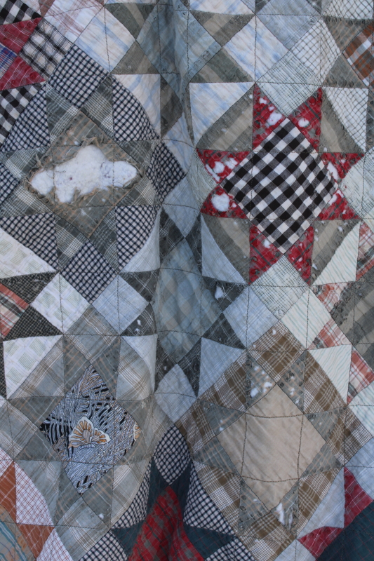 photo of 1990s vintage soft worn washed cotton quilts, hand stitched patchwork primitive stars #9