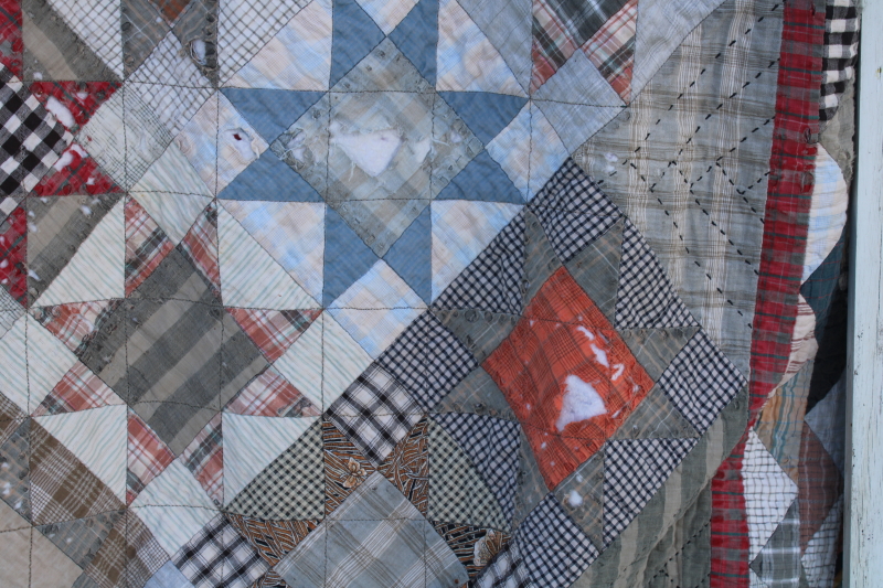 photo of 1990s vintage soft worn washed cotton quilts, hand stitched patchwork primitive stars #10